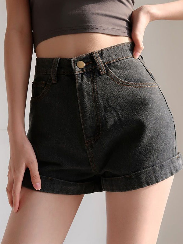 Washed Cuffed Hem Denim Shorts