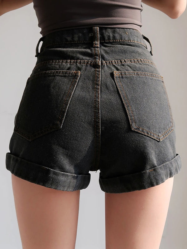 Washed Cuffed Hem Denim Shorts