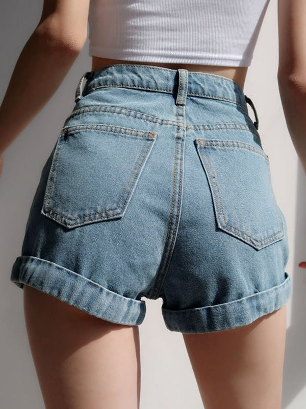 Washed Cuffed Hem Denim Shorts