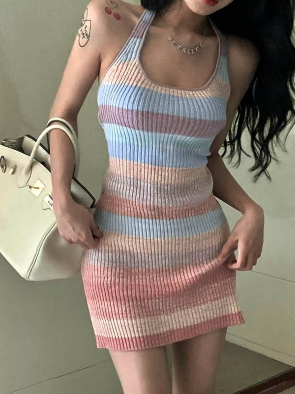 Color Block Striped Halter Knitted Mini Dress