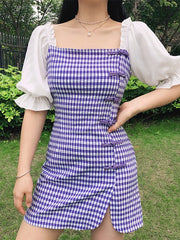 Patchwork Checkered Puff Sleeve Mini Dress