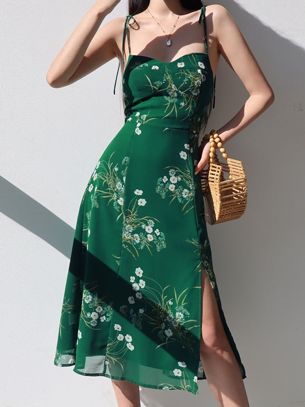 Lace Up Slit Green Maxi Dress