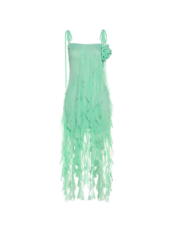 Fringe Design Lace Up Mesh Mini Dress