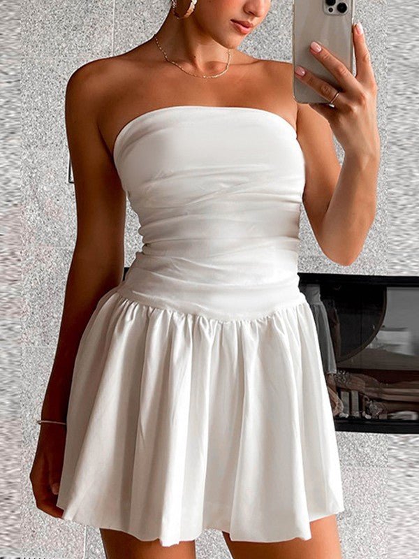 Smocked Back Ruched Bandeau Mini Dress