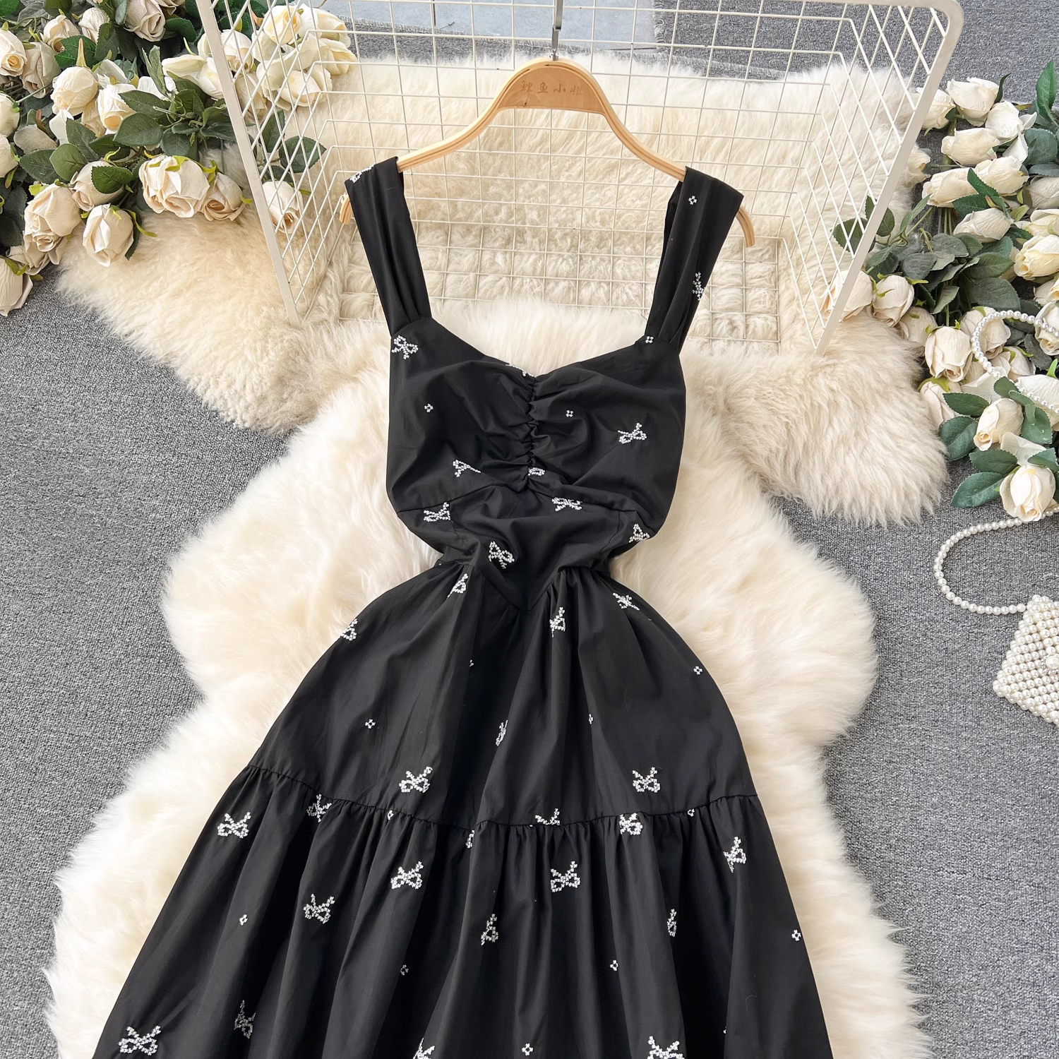 Embroidered Bow Tie Mid-length Resort Style Suspender Dress HOT1203