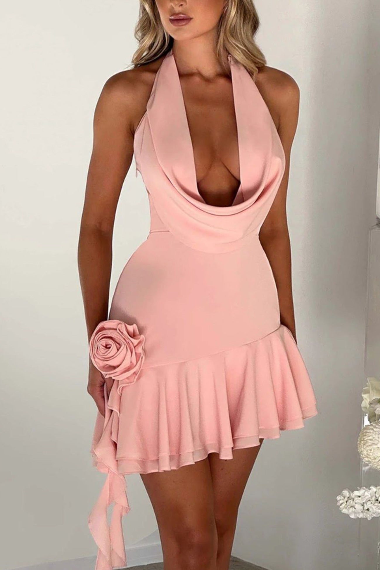 BXOXO - Cowl Neck Floral Ribbon Ruffle Dress
