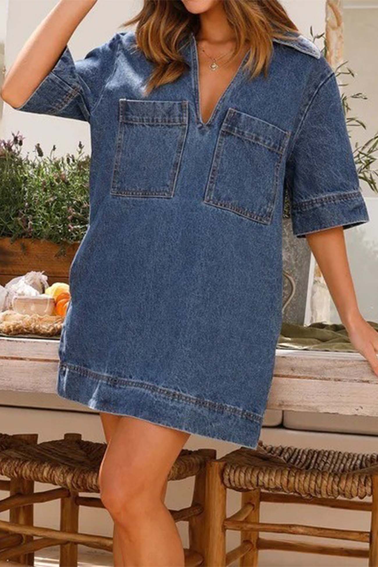 BXOXO - Denim Lapel V Neck Mini Dress