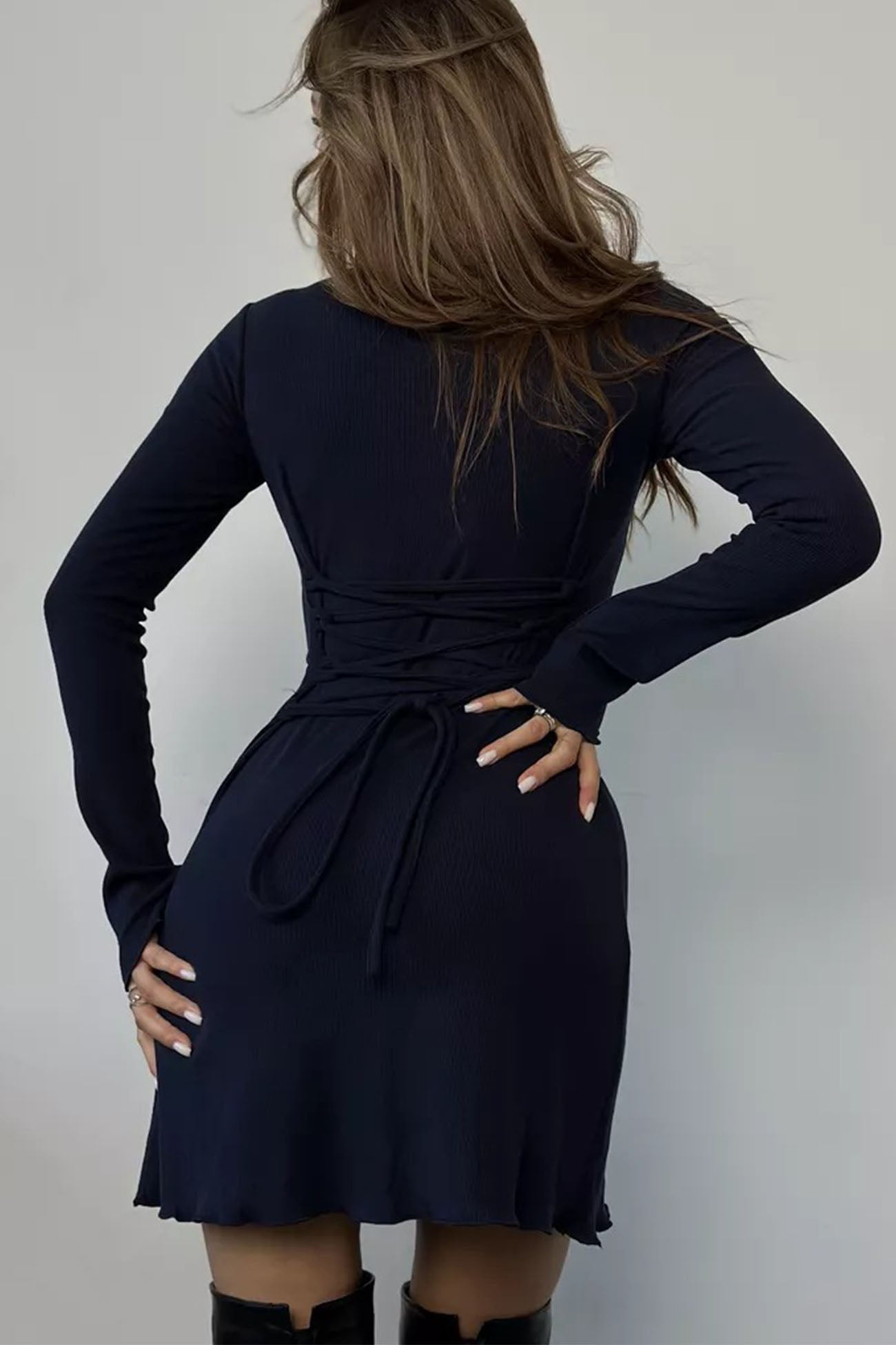 BXOXO - Solid Color Tie-Back Knitted Mini Dress
