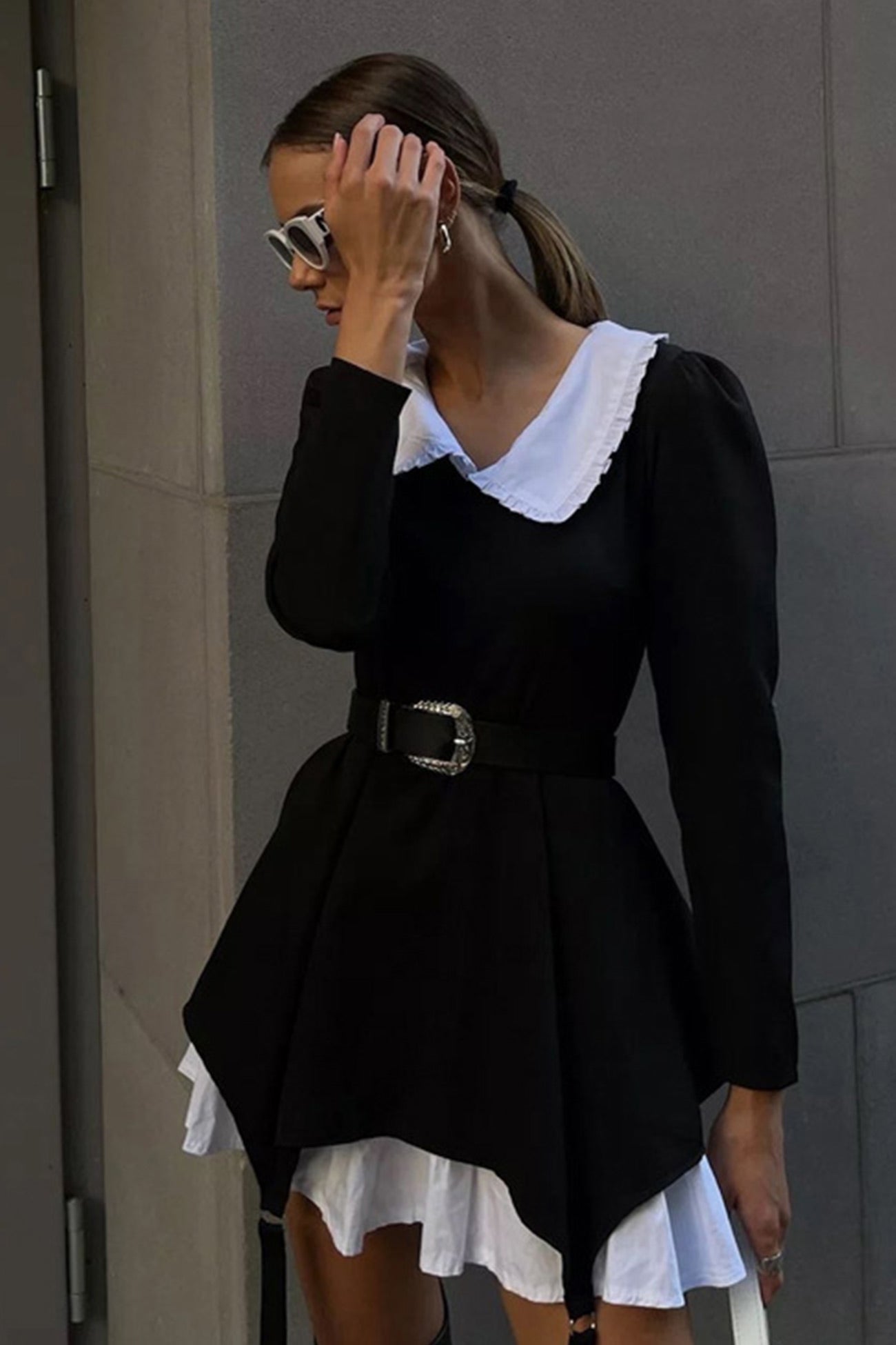 BXOXO - Doll Collar Ruched Fake Two-Pieces Dress