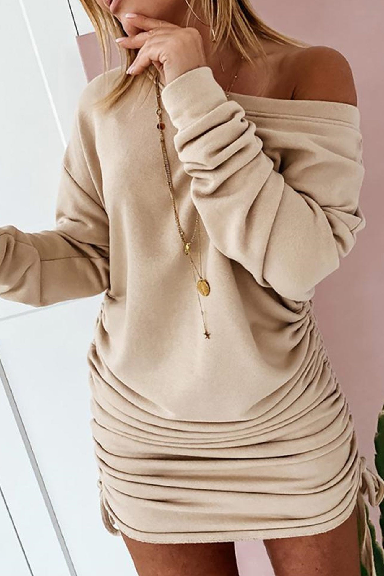 BXOXO - Drop Shoulder Drawstring Gathering Dress