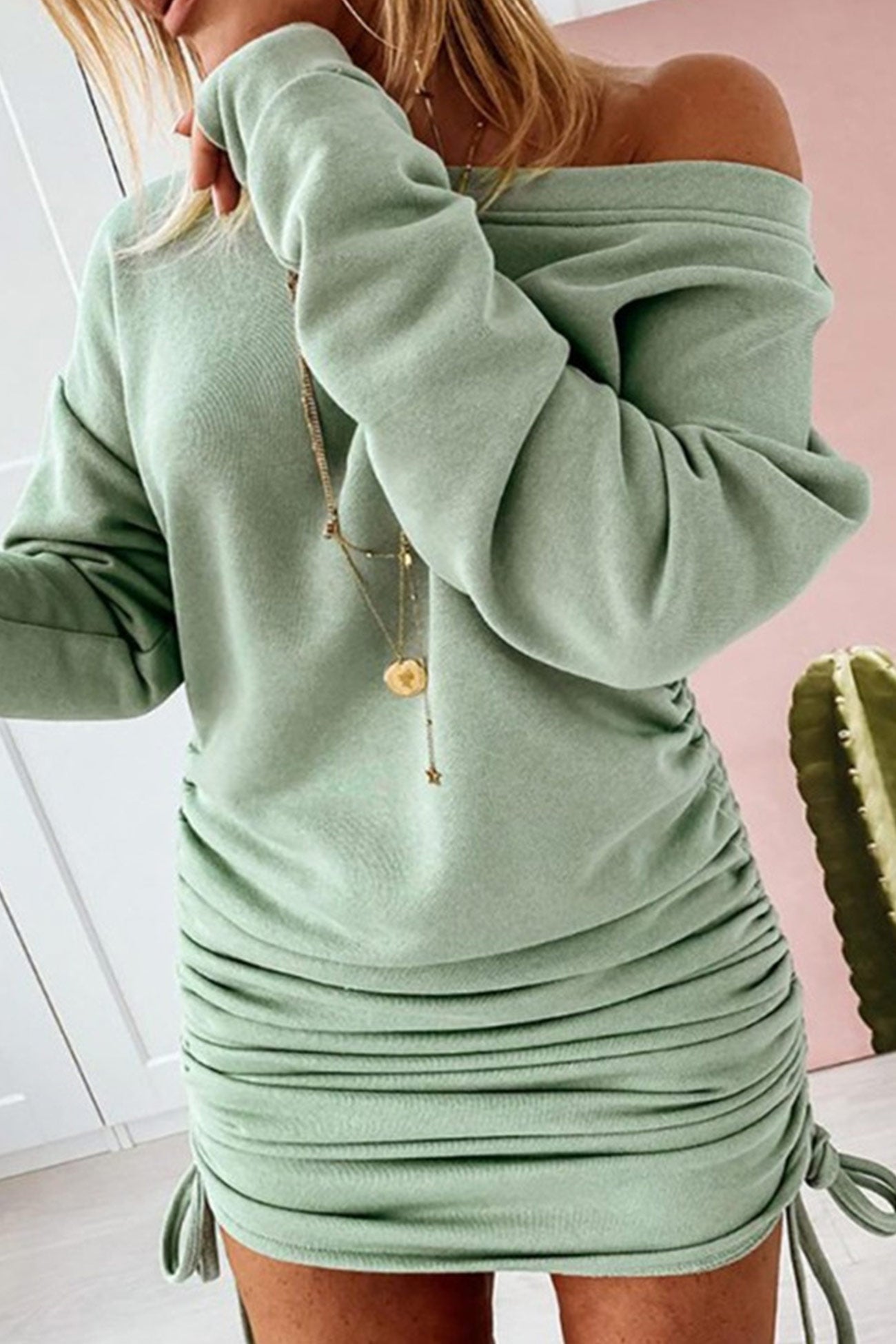 BXOXO - Drop Shoulder Drawstring Gathering Dress