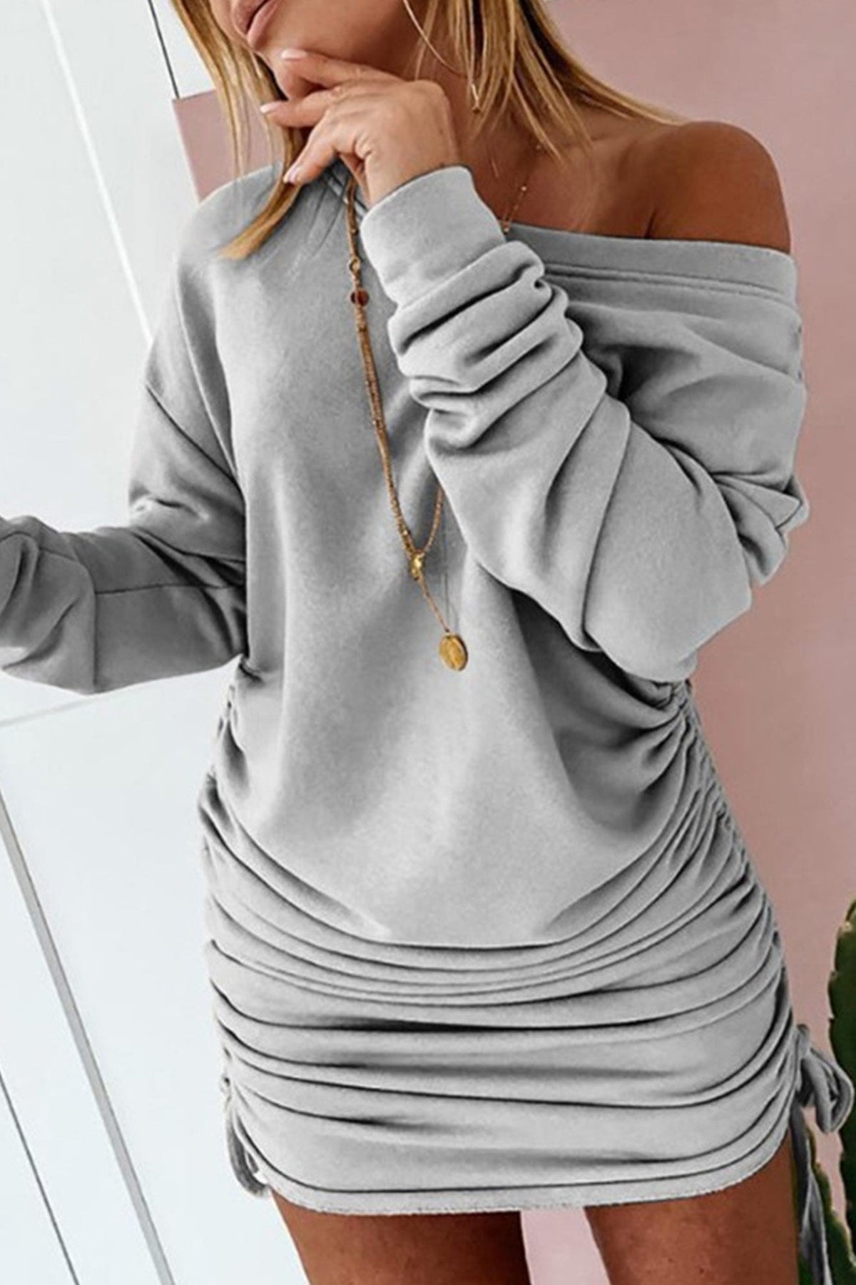 BXOXO - Drop Shoulder Drawstring Gathering Dress