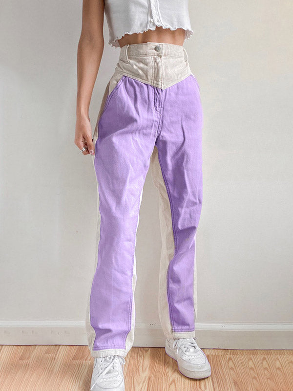 Corduroy Patchwork High Waist Straight Pants