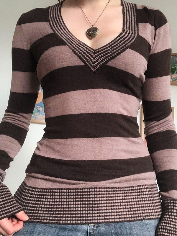 Patchwork Striped V Neck Long Sleeve Top