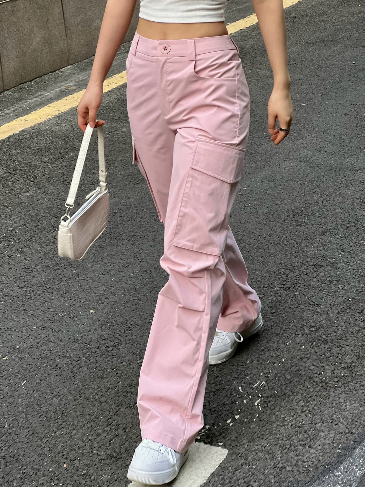 Ruched Pink Straight Leg Cargo Pants