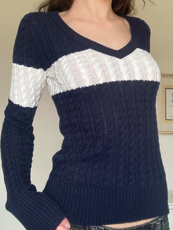 V Neck Striped Cable Knit Top