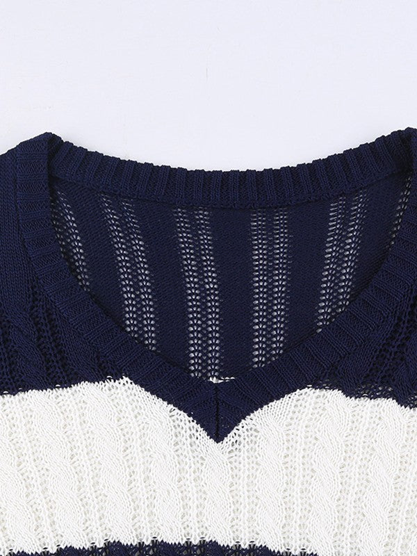 V Neck Striped Cable Knit Top