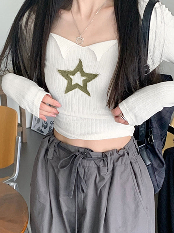 Star Patch Long Sleeve Knit Crop Top