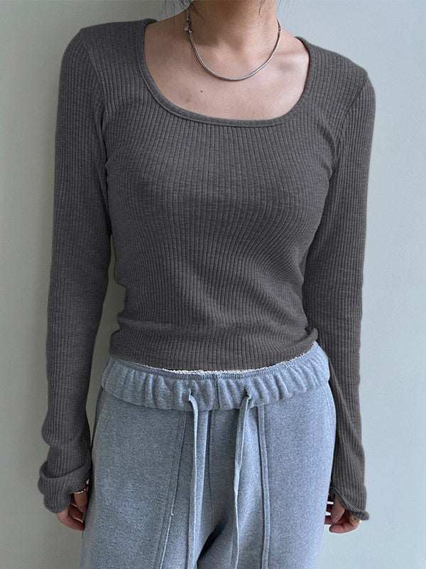 Simple Solid Color Ribbed Knit Crop Top