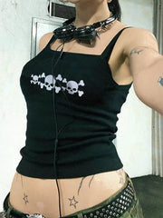 Skull Print Cropped Black Cami Top