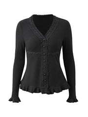 Lace Trim Button Front Black Knit Top