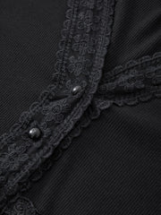 Lace Trim Button Front Black Knit Top