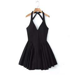 Black Backless V-neck Sleeveless Halterneck Dress