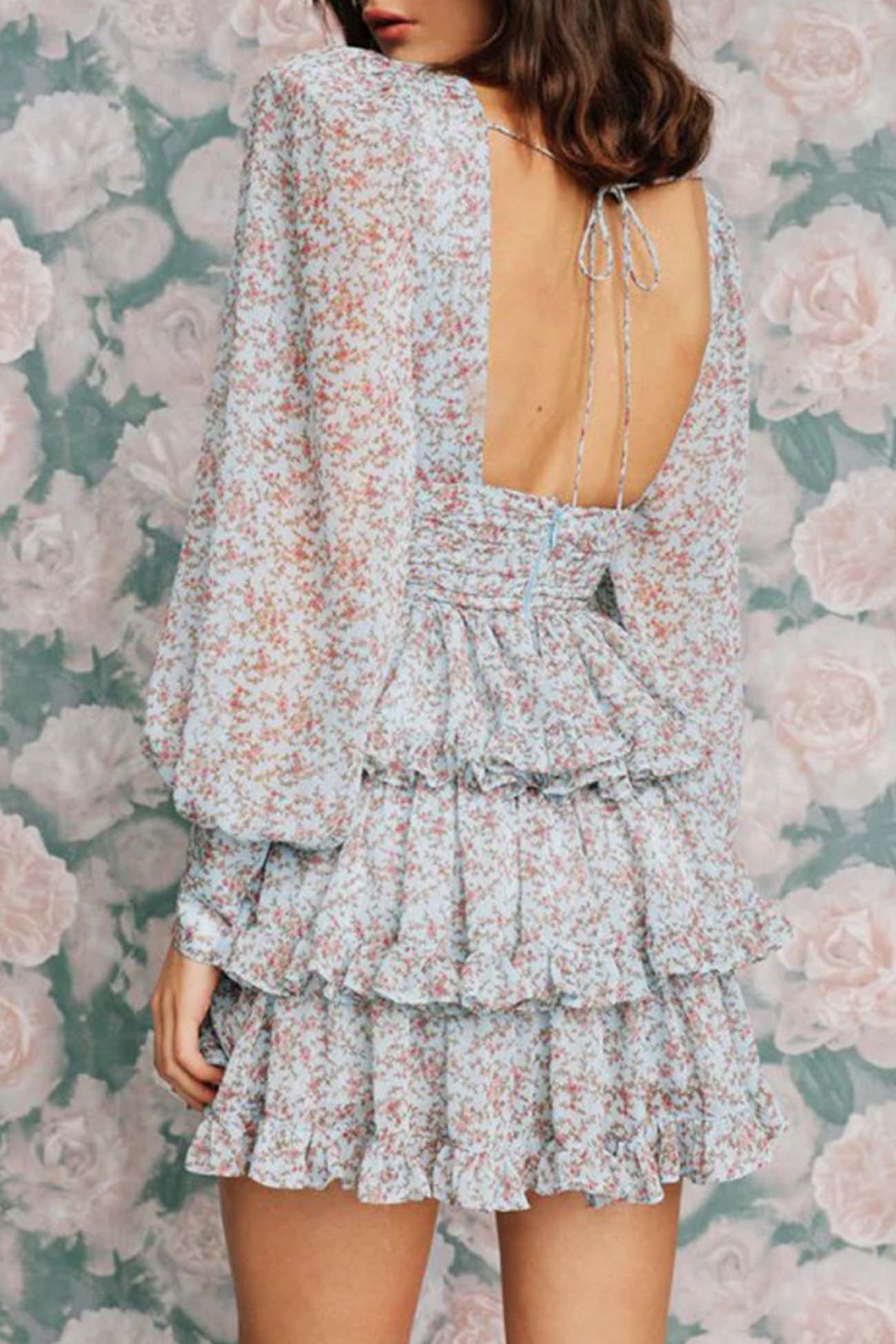 BXOXO - Floral Printed V Neck Backless Tiered Dress