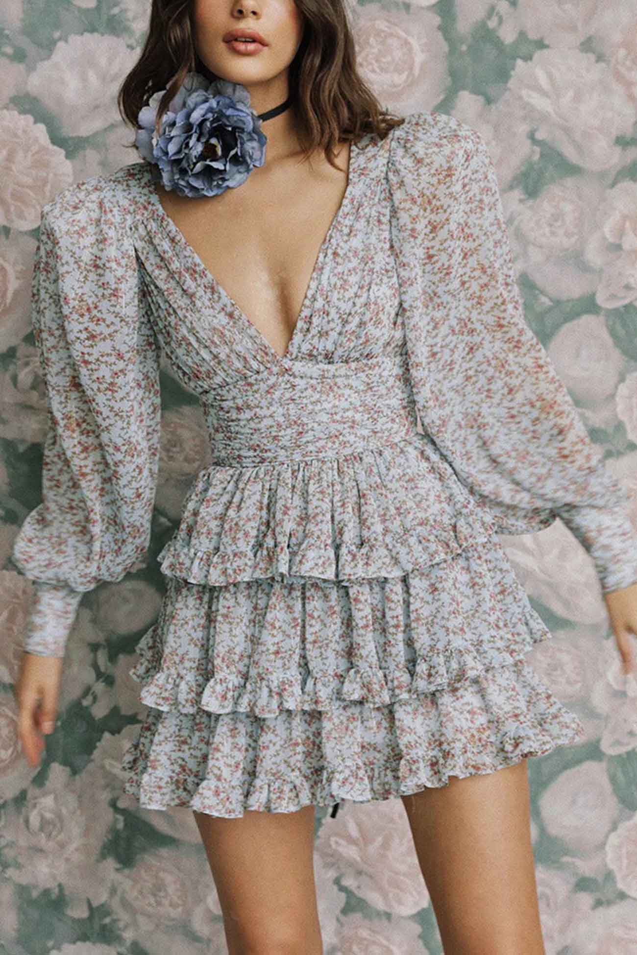 BXOXO - Floral Printed V Neck Backless Tiered Dress