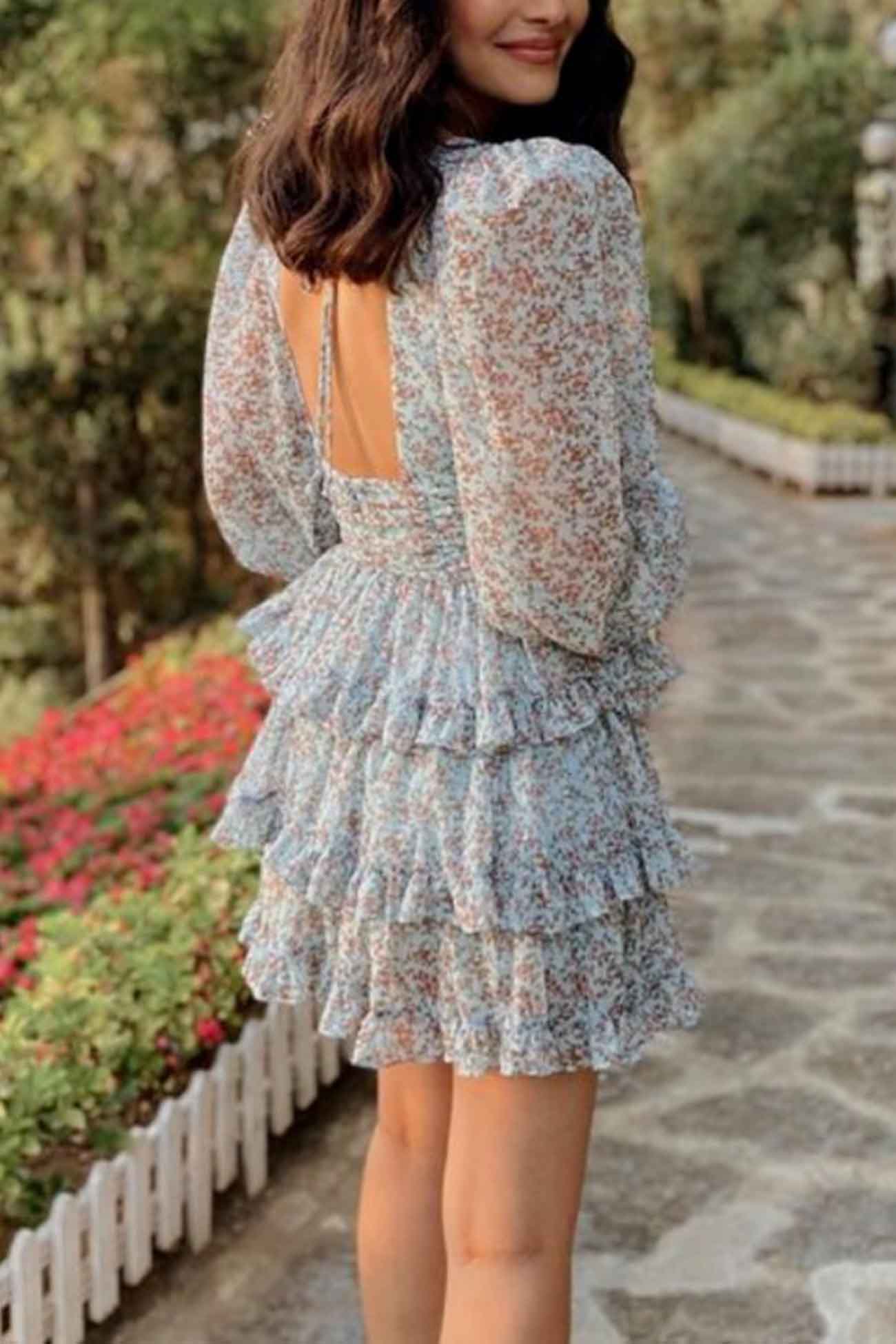 BXOXO - Floral Printed V Neck Backless Tiered Dress