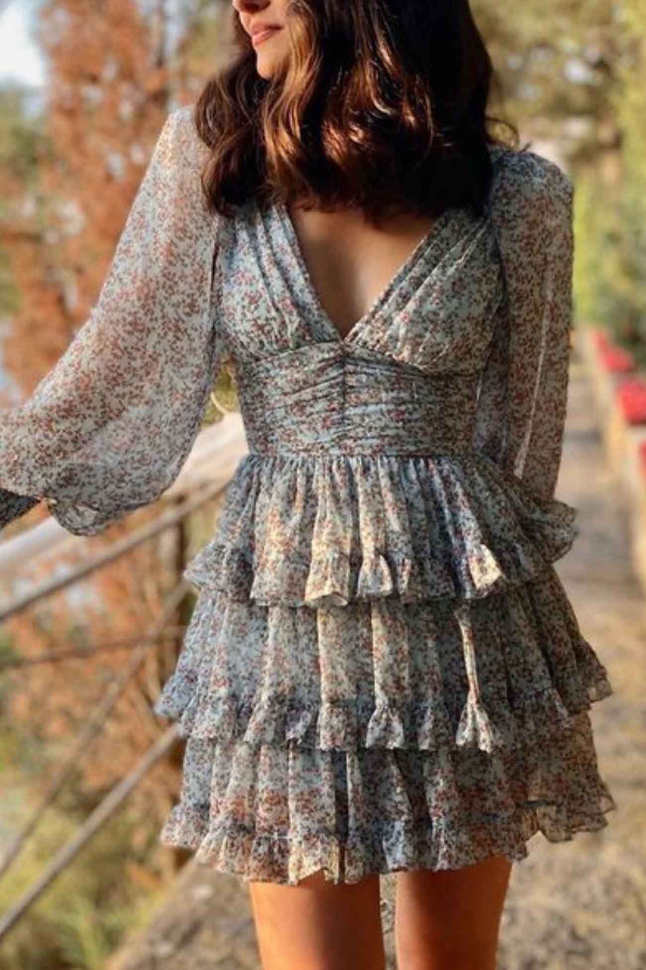 BXOXO - Floral Printed V Neck Backless Tiered Dress