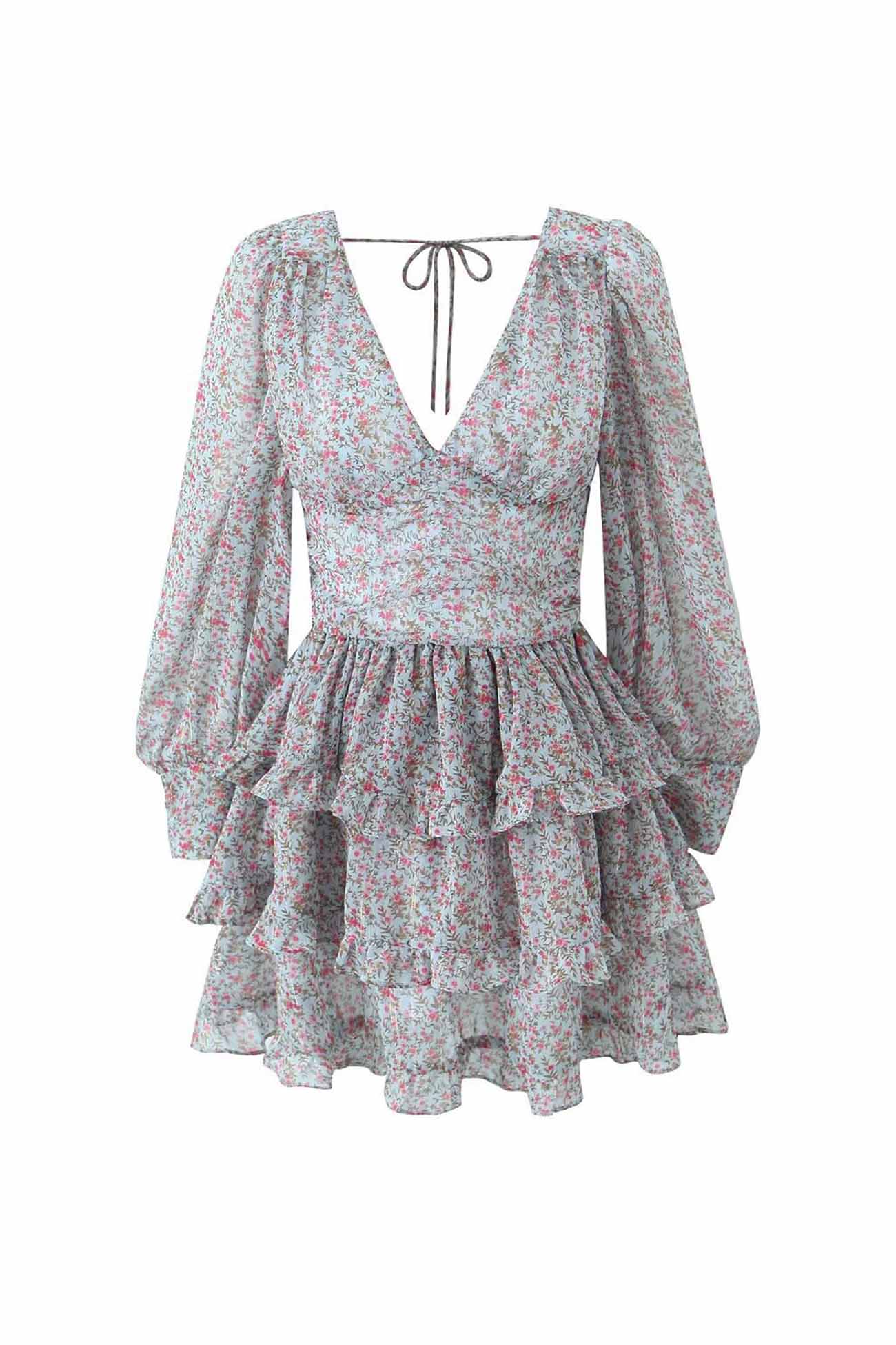 BXOXO - Floral Printed V Neck Backless Tiered Dress