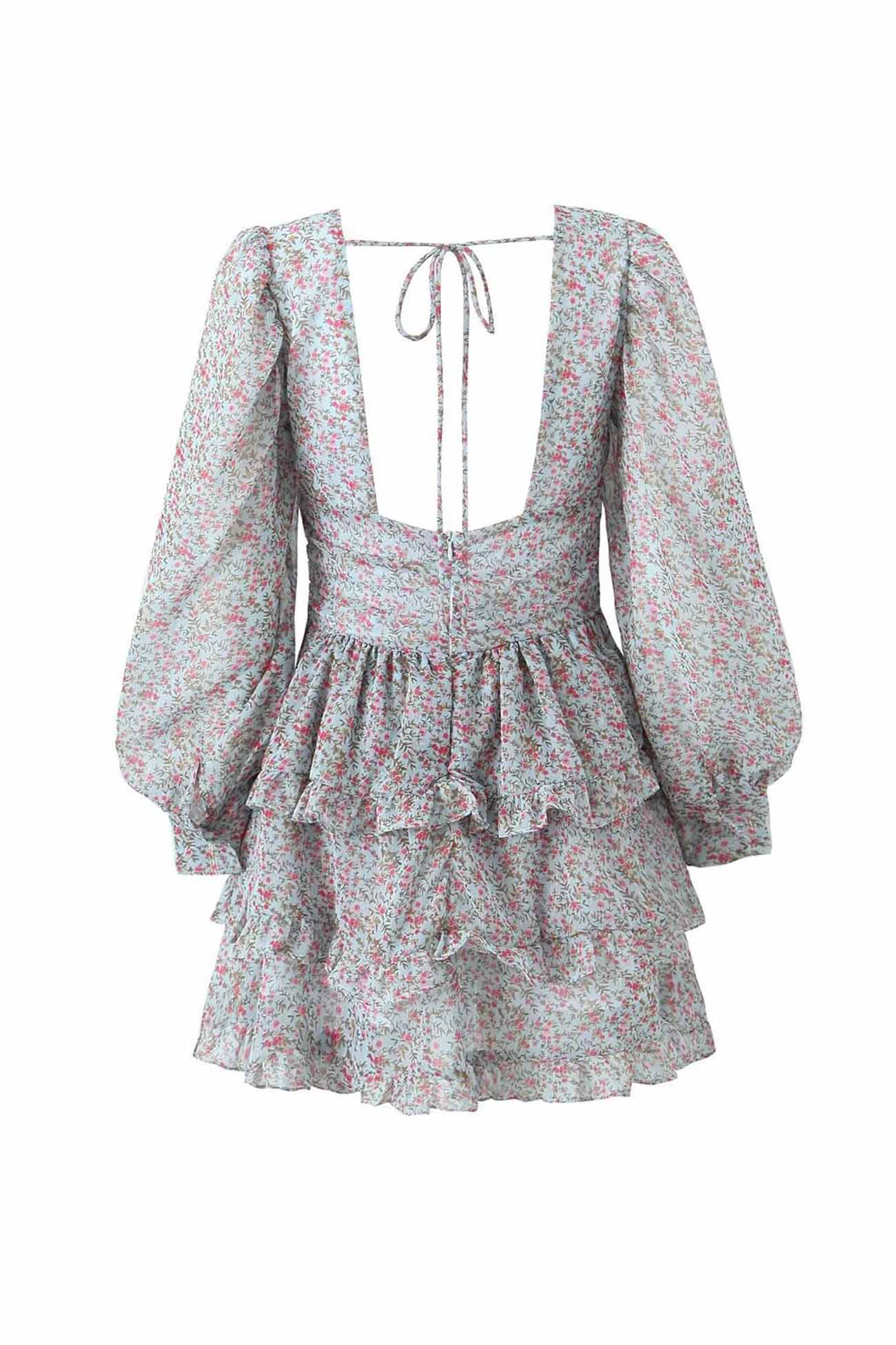 BXOXO - Floral Printed V Neck Backless Tiered Dress