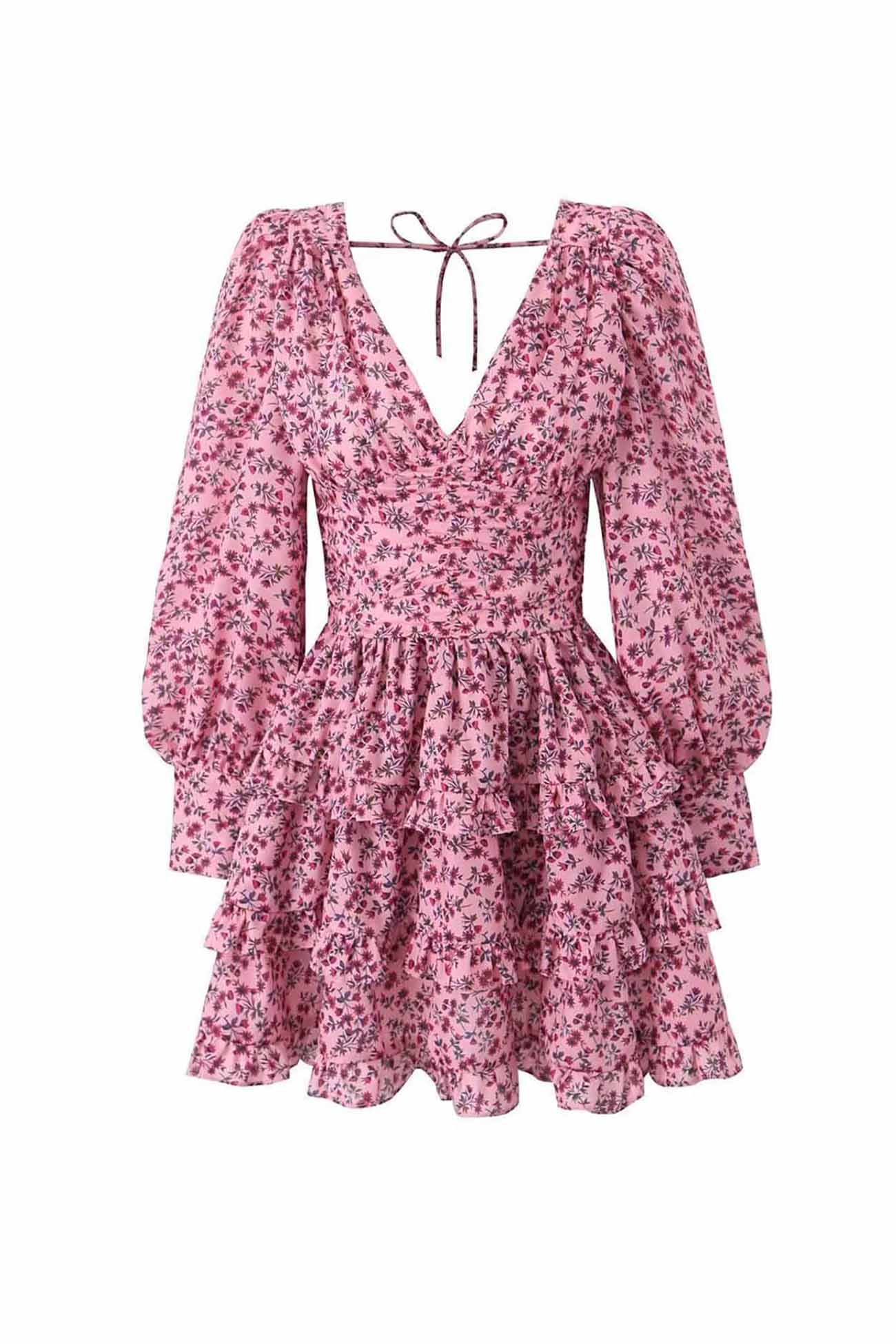 BXOXO - Floral Printed V Neck Backless Tiered Dress