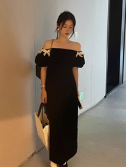 Black Velvet Dress with Bow Tie HOT1533