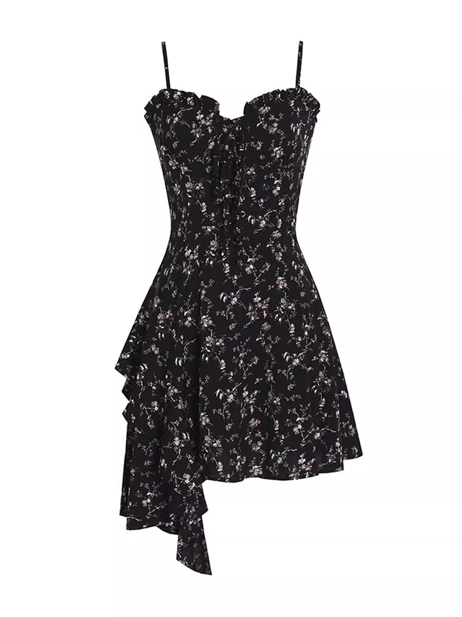 Irregular Floral Suspender Dress HOT1354