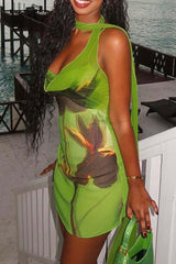 BXOXO - Green Ribbon Printed Bodycon Cami Dress