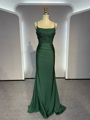 BXOXO Mermaid Lace Backless Green Long Prom Dress, Green Long Formal Dress