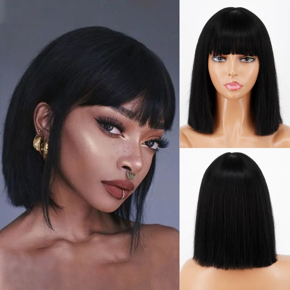BXOXO Synthetic Blonde Wig with Bangs Short Wigs for Women Golden Wig Straight Bob Wig Natural Heat Resistant Wigs 11 Inches for Party