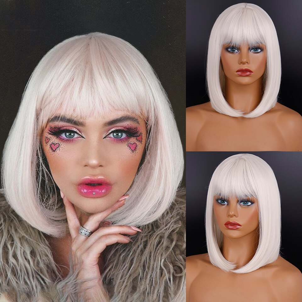 BXOXO Synthetic Wig Short Straight With Bangs Pink Black Purple Blond White Wig Female Short Bob Halloween Christmas Party Cosplay Wig