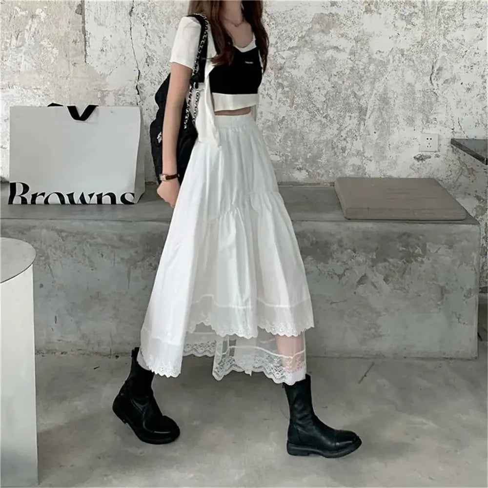 BXOXO Vintage Black Gothic Y2K Long Skirt Autumn Lace Stitching Irregular Pleated Skirt Women White Korean Solid Hip Hop Streetwear