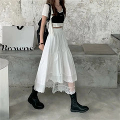 BXOXO Vintage Black Gothic Y2K Long Skirt Autumn Lace Stitching Irregular Pleated Skirt Women White Korean Solid Hip Hop Streetwear