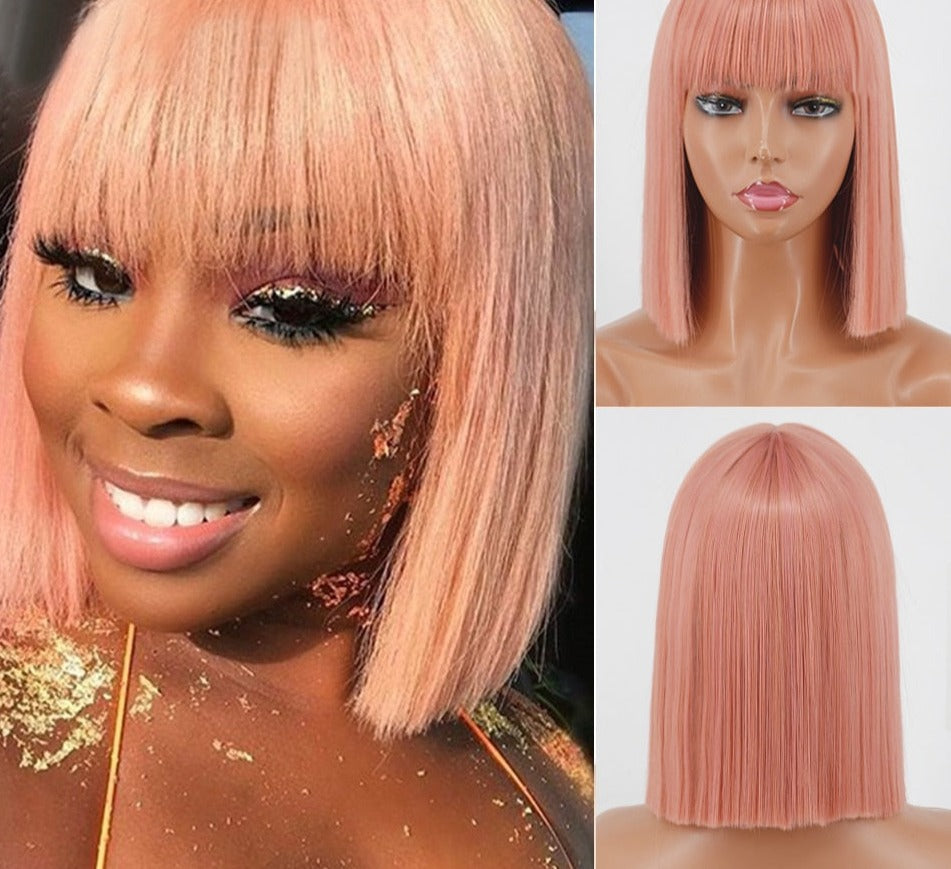 BXOXO Synthetic Blonde Wig with Bangs Short Wigs for Women Golden Wig Straight Bob Wig Natural Heat Resistant Wigs 11 Inches for Party