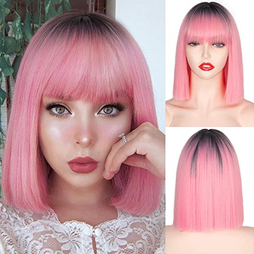 BXOXO Synthetic Blonde Wig with Bangs Short Wigs for Women Golden Wig Straight Bob Wig Natural Heat Resistant Wigs 11 Inches for Party