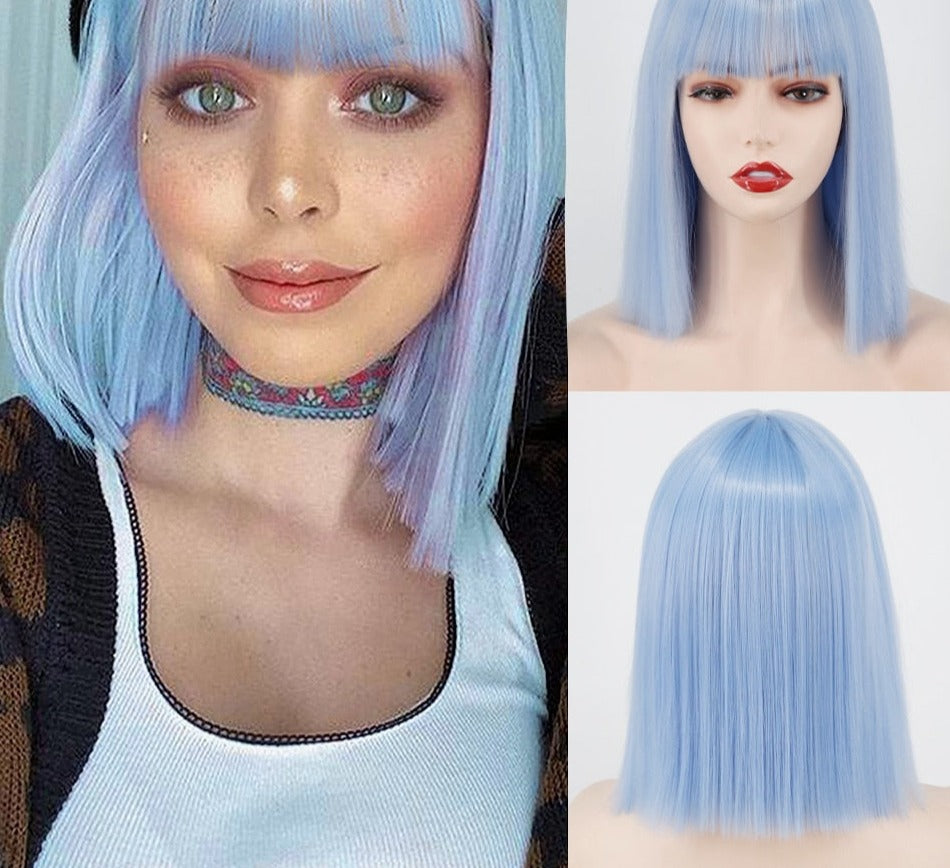 BXOXO Synthetic Blonde Wig with Bangs Short Wigs for Women Golden Wig Straight Bob Wig Natural Heat Resistant Wigs 11 Inches for Party