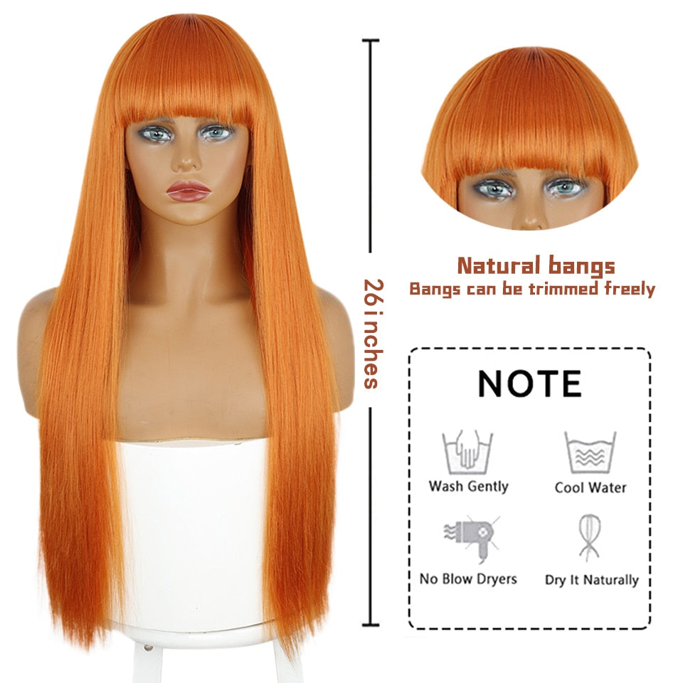 BXOXO Long Orange Wig with Bangs Straight Orange Wigs for Women Cosplay Long Synthetic Orange Wig Natural Looking for Daily Wear