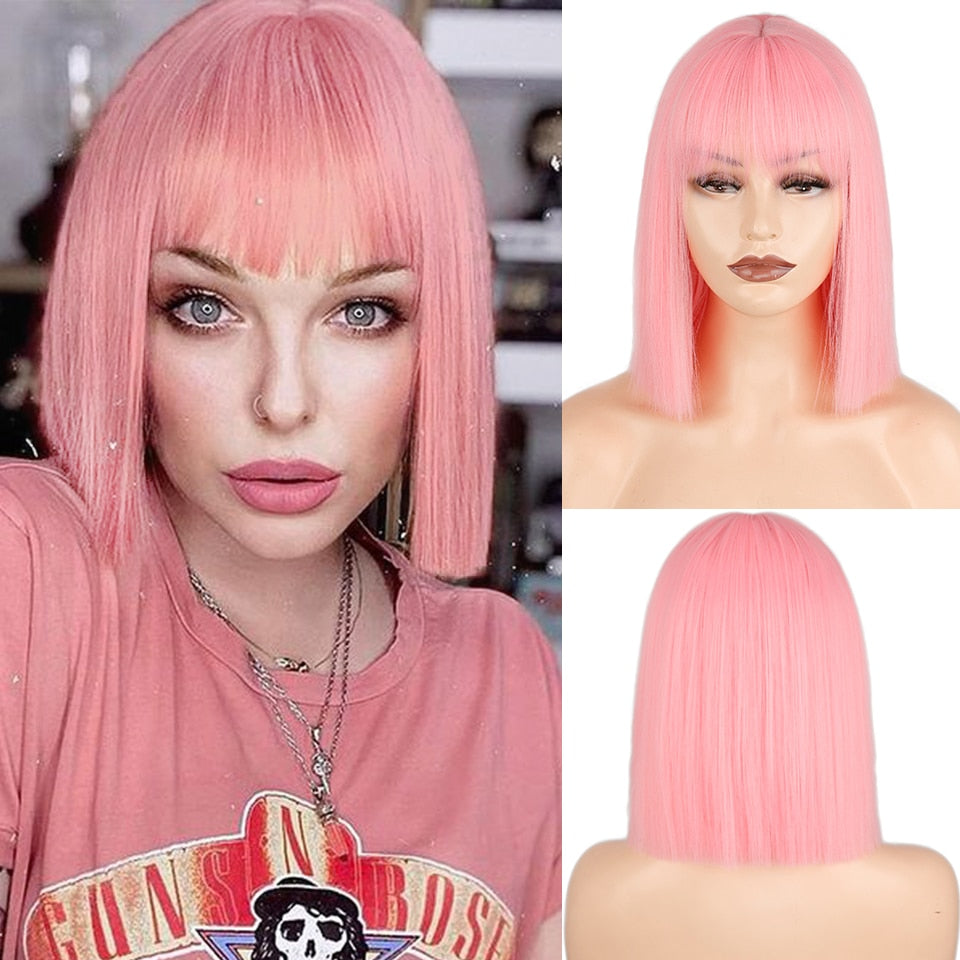 BXOXO Synthetic Blonde Wig with Bangs Short Wigs for Women Golden Wig Straight Bob Wig Natural Heat Resistant Wigs 11 Inches for Party