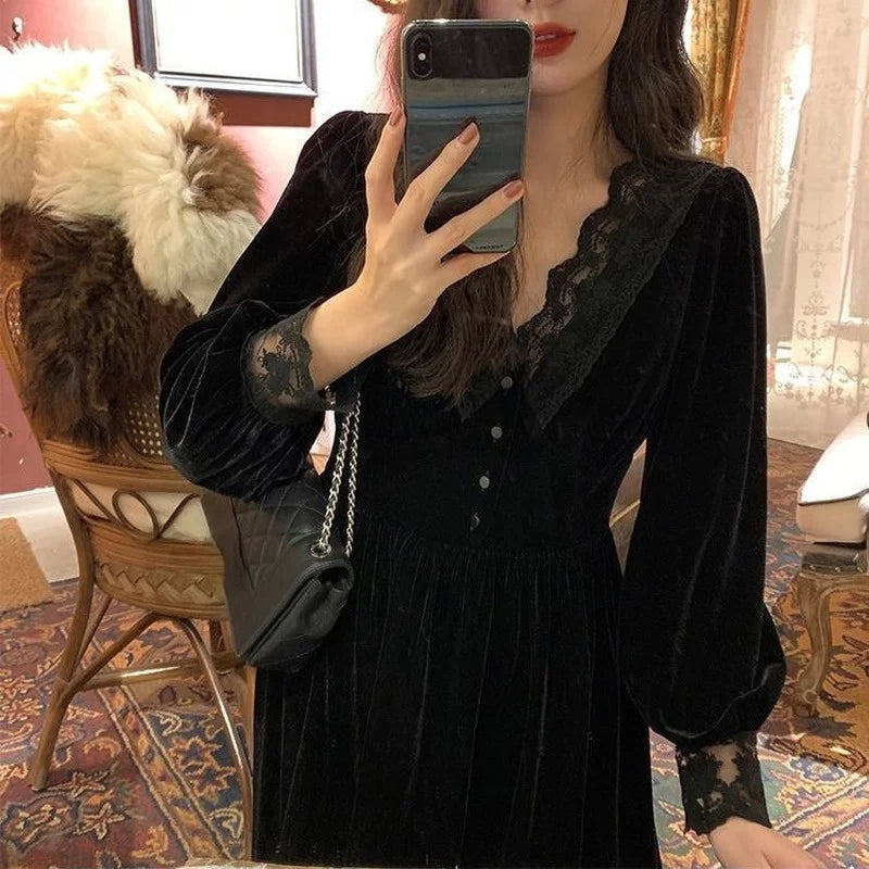 BXOXO French Vintage Dress Women Lace Velvet Black Elegant Party Dress Female Autumn 2020 High Waist Long Sleeve Midi Gothic Dress