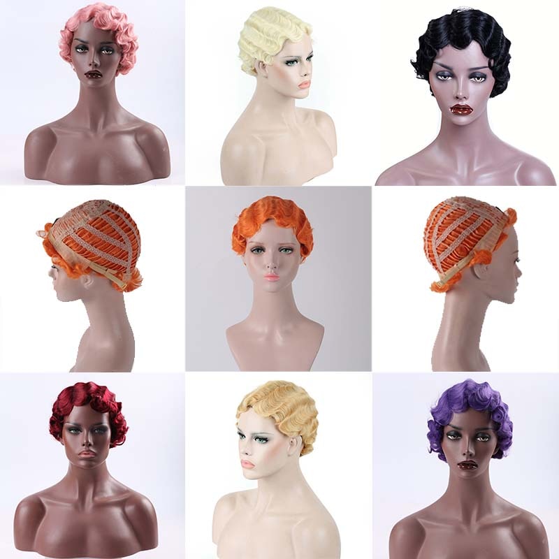 BXOXO Black Hair Short Wave Wigs For Woman Short Finger Wave Wigs Short Pixie Cut Wig Short Wigs