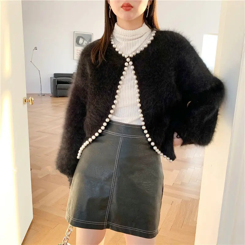 BXOXO Autumn And Winter New Fashion Ladies Pearl Knit Lantern Sleeves Imitation Mink Fleece Sweater Cardigan Jacket Women